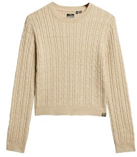 Superdry Damen Figurbetonter Rundhalspullover mit Zopfmuster Safari Beige Meliert 38