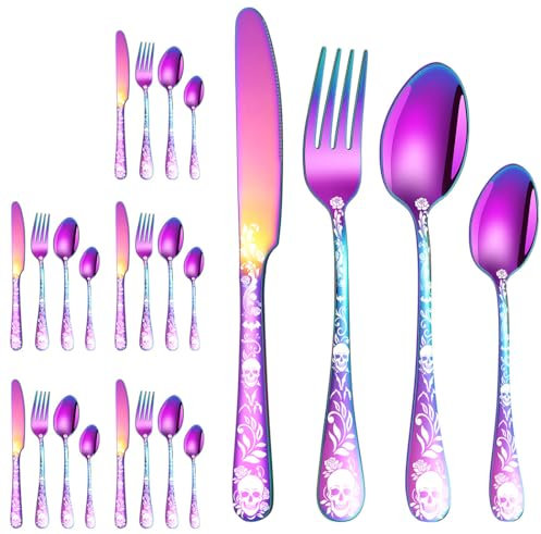 XIAOYU 24 Piece Rainbow Gothic Skull Stainless Steel Flatware Set, 6 Sets of 4 Pieces Each, Perfect for Home Daily Use, Buffet, Gathering, Dinner Party, Restaurant, Wedding, Camping