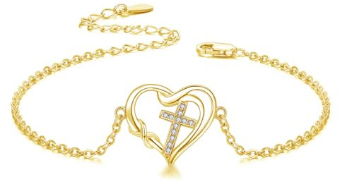 CUOKA MIRACLE Gold Kreuz Armband für Mädchen 925 Sterling Silber Herz Kreuz Armband Damen Kreuz Armband Unendlichkeit Geschenke Schmuck für Tochter (01-Gold)
