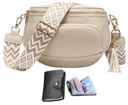 KUNKUN Bauchtasche Damen Umhängetasche Damen Gross Crossbody Bag Veganes Leder Handytasche Zum Umhängen senden RFID-Blockierung Kreditkartenpaket - Beige