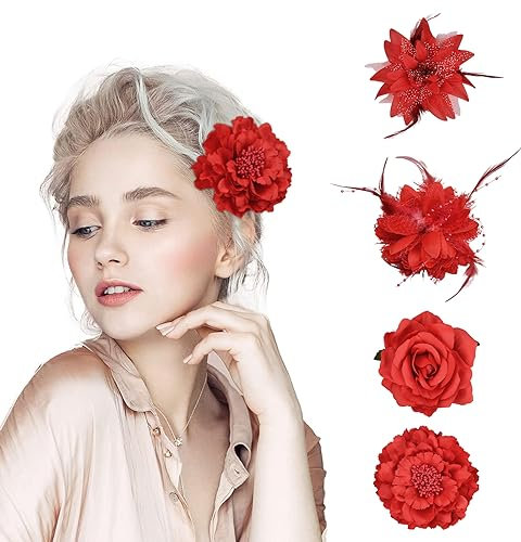 4 Stück Blumen Haarklammer, Blumen Haarschmuck für Frauen und Mädchen Elegante Rot Ansteckblume, Wunderschöne Haarclip Haarspangen für Hochzeit, Party, Abschlussball