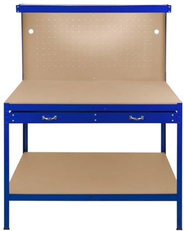 Banco de trabajo para garaje, con tablero de clavijas azul, estantes de cajones, luz LED, acero resistente, para taller, cobertizo industrial, mesa de trabajo, escritorio, estación de almacenamiento,