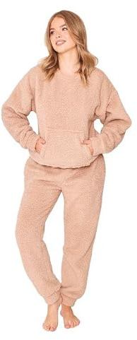 TURTLE Cream Borg Crew Neck with Jogger Set Women Nightwear/Lounge Wear (L = UK 16-18)