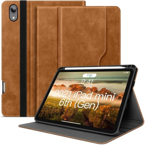 HOLIMET Hülle für iPad Mini 7 2024 A17 Pro, iPad Mini 6 Hülle 2021 mit Stifthalter 8,3 Zoll PU Leder Cover Smart Folio Ständer TPU Rückseite Abdeckung Schutzhülle, Auto Schlafen/Wachen, Braun