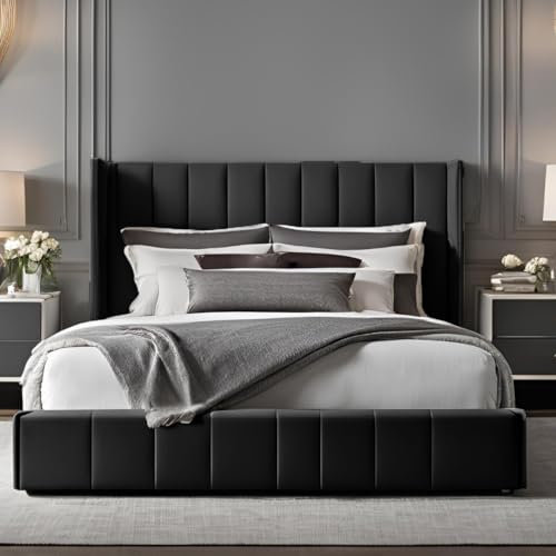 Furnishion Wingback Panel King Size Bed Frame with Storage - Black Velvet Ottoman Bed King Size - Panel Storage Bed and Mattress Included - 48inch High Headboard