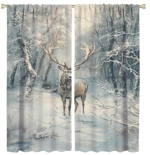 FYFMUSHE Abstrakte Hirsch-Verdunkelungs-Fenstervorhänge, moderner Wald, schneebedeckt, Natur, Wildtiere, Stangentaschen, Vorhänge für Schlafzimmer, wärmeisolierende Vorhänge für Wohnzimmer, 107 cm B x