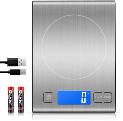 Diyife 15kg Rechargeable Balance de Cuisine, Simple à Trois Boutons | Balance Alimentaire Haute Précision, Acier Inoxydable, Grand écran LCD Rétroéclairé, 5 Unités, Tare, USB-C & Piles Incluses