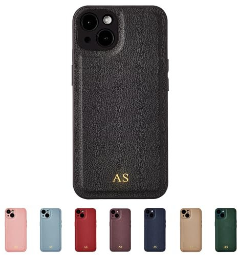 Tirita Personalised Leather Phone Case for iPhone 15 Pro – Leather Black Case or Cover With Custom Initials – Cute Personalised Gift for Men or Women [01. Black Gold Embossed Initials]