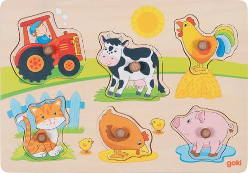 goki 57309 – Steckpuzzle Auf dem Bauernhof – Puzzle für Kleinkinder mit Tiermotiven und Holzgriffen
