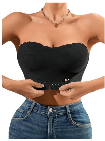 GORGLITTER Women's Wireless Front Fastening Bandeau Bras Strapless Rib Knit Scalloped Comfy Bralettes Black Small