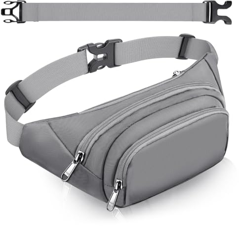 4 Taschen Bauchtasche Damen mit 35 cm verlängertem Gürtel Gürteltasche Herren Große Kapazität wasserdichte Hüfttasche für iPad mini & iPhone 12 pro max (Grau Bauchtasche)