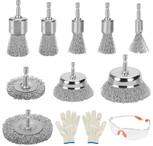 Fairblo 9Pcs Wire Brush for Drill Set Carbon Steel Wire Wheel & Cup Brush Metal Brushes with 1/4-Inch Hex Shank Drill Wire Brush with Gloves Safety Goggles Wire Brushes for Cleaning Rust Removal Paint