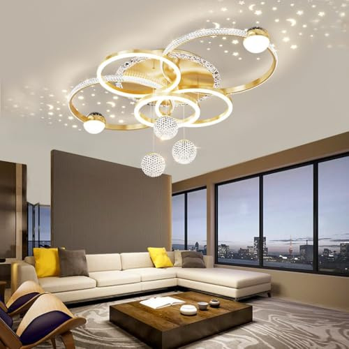 Trutipon Deckenleuchte Moderne Dachlampe LED Kristall Wohnzimmer Kronleuchter 110cm Kreative Fünf-Ring Fernbedienung Unlimited Dimmer Für Villa Schlafzimmer Und Restaurant Beleuchtung
