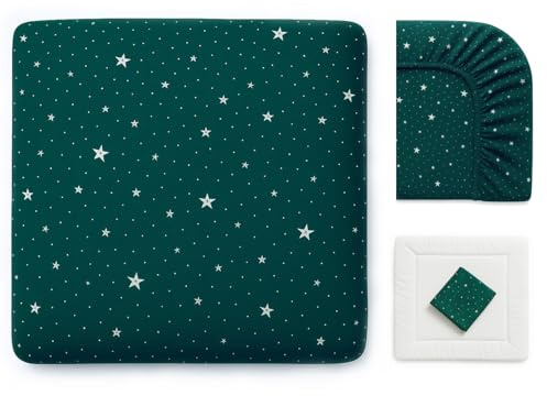 Wickelauflagenbezug 100% Baumwolle Musselin Bezug für Wickelauflage 85x75 und 75x75 cm – weicher Wickeauflagenüberzug, atmungsaktiv & waschbar Sterne grau GRÜN STERNE