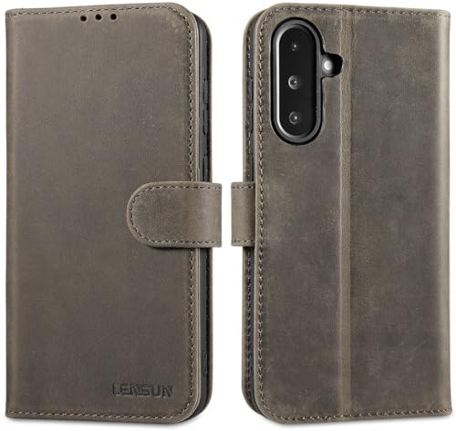 LENSUN Hülle für Samsung Galaxy A36 Echtleder Handy Klapphüllen - Graubraun | Flip Lederhülle, Handyhülle Echtes Leder, Vintage-Antik-Optik, Retro Brieftasche, Passgenau Handytasche, Standfunktion