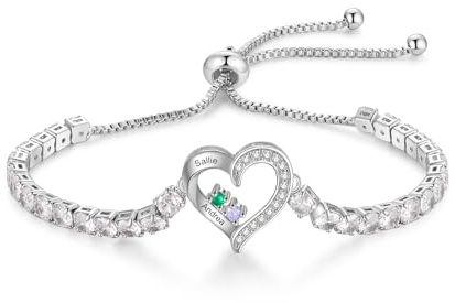 kaululu Personalisiertes Herz Armband Damen mit Namen Verstellbares Armband mit Gravur Geburtsstein Geschenk für Mama, Oma