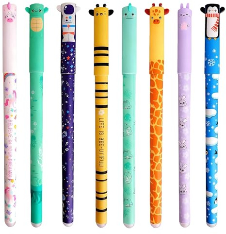 MENUY 8 Stück Radierbarer Kugelschreiber, Radierbare Stifte mit Tiermotiven, Gelstifte Radierbar und Radierbare Gelstifte, 0,5 mm Spitze, Jeder Radierbarer Gelstift für Schule Büro Alltag
