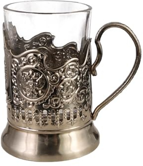 Thewasc Lot de 2 verres à thé en cristal coupe russe avec supports en métal Podstakannik pour liquides chauds ou froids Design rétro
