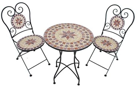 DELUKE Balkonmöbel-Set Robert 3tlg. Mosaik - Eisen, Beige | Balkon-Set Gartenmöbel-Set Sitzgruppe für Balkon Balkonstuhl Balkontisch