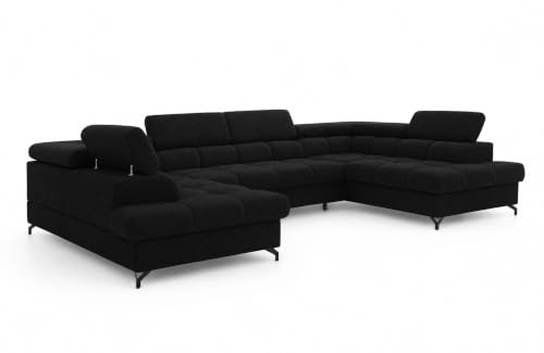 COMFORTINO FURNITURE Ecksofa mit Schlaffunktion Big PASTI U-Form, Sofa Couch mit Bettkasten, 3-Sitzer Eckcouch, Schlafsofa für Wohnzimmer, Big Sofa Couch mit Schlaffunktion (Water Repellent Schwarz)
