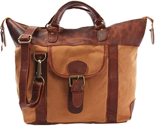 LECONI Henkeltasche Shopper Damen Tasche Vintage-Style Canvas + Leder Handtasche Used-Look Damentasche Frauen Schultertasche 39x30x13cm braun cognac LE0043-C