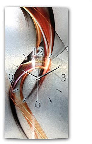 Kreative Feder Designer-Wanduhr „Abstrakt orange-rot“ aus gebürstetem Aluminium in Zwei Größen mit leisem Uhrwerk (Abstrakt orange-rot, Funkuhr 50x25cm)