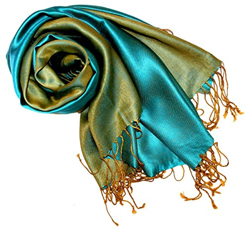 Lorenzo Cana Pashmina Damen Wendeschal 70% Seide 30% Viskose Schaltuch 70 x 190 cm zweifarbig tuerkis gruener Frauenschal Stola wendbar Double Face 78202