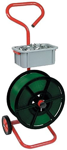 Heavy Duty Strong Metal Mobile Trolley Cart Stand On Wheels For Pallet Strapping Banding Coils + Removable Accessory Bucket For Tools/Seals Etc