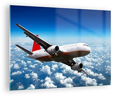 ARTTOR Bilder auf Glas Passagier Flugzeug Motoren Wolken Glasbild 70x50cm Wandbilder Dekoration Wohnzimmer Schlafzimmer Küche Deko Klein Wanddeko Bild im Glas Wand Kunstdruck Art Modern GAA70x50-0375