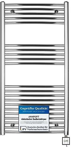 anapont Scaldasalviette elettrico da bagno, cromato, curvo, funzione timer, scaldasalviette, scaldasalviette, riscaldamento elettrico, prodotto in Germania (KTX-3, 1175 h x 750b)