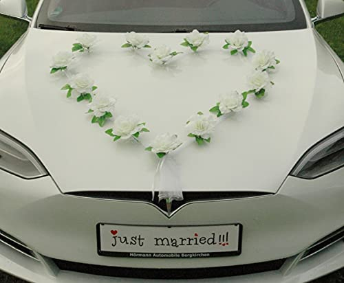 Autoschmuck Organza Herz Auto Schmuck Braut Paar Rose Deko Dekoration Hochzeit Car Auto Wedding Deko Girlande PKW (Weiß/Weiß)