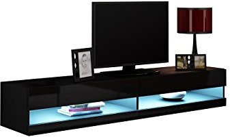 Mirjan24 TV Lowboard Vigo New 180 cm, TV Tische, TV Schrank, Fernsehschrank, Hängeschrank, Hochglanz (mit Blauer LED Beleuchtung, Schwarz/Schwarz Hochglanz)