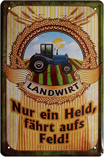 WOGEKA ART Retro Blechschild - Landwirt - Nur ein Held fährt aufs Feld ! Traktor - witziger Spruch als Geschenk-Idee Geburtstag Weihnachten Deko 20x30 cm Vintage-Design Metall 545