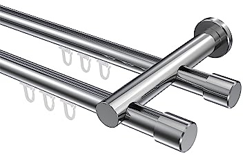 INTERDECO Innenlauf-Gardinenstange 20 mm 2-läufig, moderne Innenlaufstange aus Metall, Chrom, zur Wandmontage, Typ 10213112, 280 cm