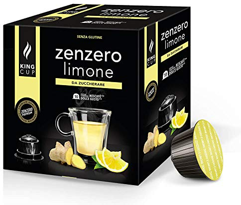 King Cup - 4 Confezioni da 10 Capsule di Zenzero e Limone da Zuccherare, 40 Capsule 100% Compatibili con Sistema Nescafè Dolce Gusto di Bevanda al Gusto di Zenzero e Limone, Senza Glutine e Lattosio