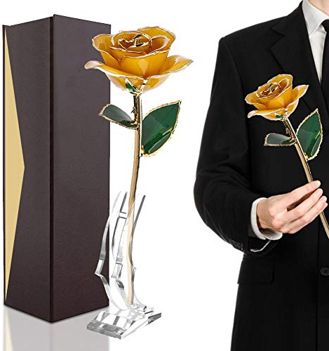 Rosa Fiore 24K Oro Rosa Eterna Rifinita e Placcata Color Oro Fiore Vero Idea San Festa della Mamma Anniversario per Fidanzata Miglior con Clear Display Stand (Giallo)