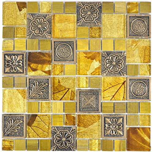 Mosaik Fliese Transluzent gold Kombination Glasmosaik Crystal Resin gold Ornament für WAND WC KÜCHE, Mattengröße: 300x300 = 0,09 qm, Steingröße: 23x23/48x48x8 mm - 1 Matte
