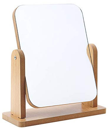 Hosoncovy 360 Degree Rotatable Tabletop Makeup Mirror Wooden Desktop Mirror with Stand High Clear Rectangular Mirror Free Standing