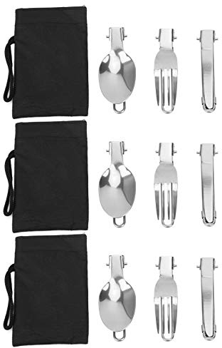 Vbestlife Ensemble d'ustensiles de Camping 3 en 1 en Acier Inoxydable, 3 Ensembles de Couverts pliants Portables pour d?ner de Pique-Nique,