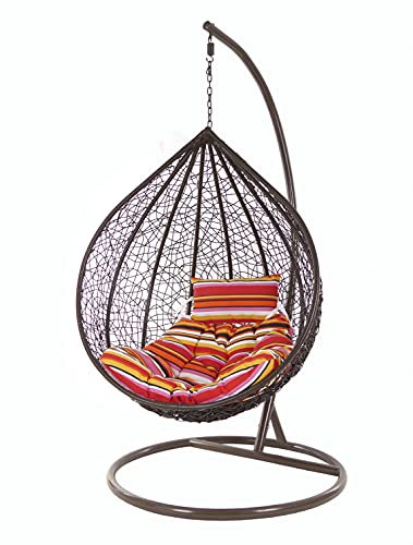 KIDEO Komplettset: XXL Hängesessel mit Gestell & Kissen, Korbsessel, Poly-Rattan, braun, groß (Kissen: Chesterstepp bunt gestreift [3450 Lollipop])