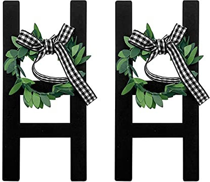 AUTUUCKEE 2Pcs Rustic Wooden Ladder Tiered Tray Decoration Frame, Plaid Farmhouse Ladder Sign Decor, Wooden Sign Decor for Home Shelf Photo Prop (Black), free size