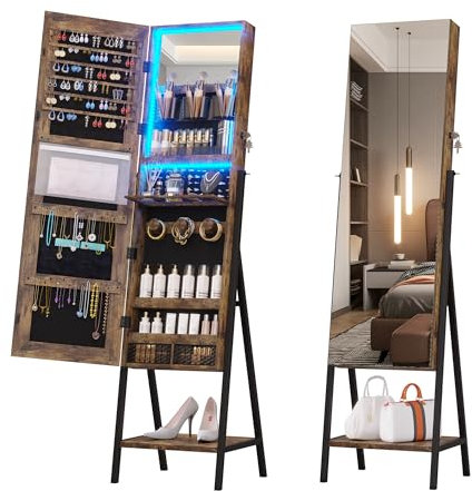 jajov Armoire à bijoux LED de 120 cm, miroir pleine longueur sur pied avec rangement de bijoux, armoire de rangement de bijoux, armoire à bijoux verrouillable (marron rustique)