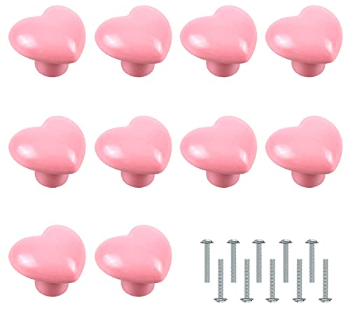 YiliYa 10 Stück Möbelknöpfe Herzform,Rosa Keramik Schrank Griffe Schublade Knopf Griff Ziehen mit Schrauben für Schublade Schränke Küche Wohnzimmer
