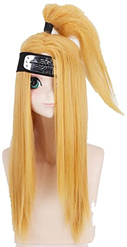 WHBHD Anime Deidara Cosplay Gelb Langweih Wigh Wärmebeständige Faserhaare + Perücke Cap + Stirnband Party Requisiten Männer Rollenspiel Frauen