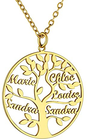 Collier Prénom Personnalisé des Enfants Graver Dore Pendentif Maman Arbre de Vie Généalogique Famille Proches Souvenir Anniversaire Meilleur Amie Bff Copine Soeur Chaine Fine Rolo 50 cm Acier