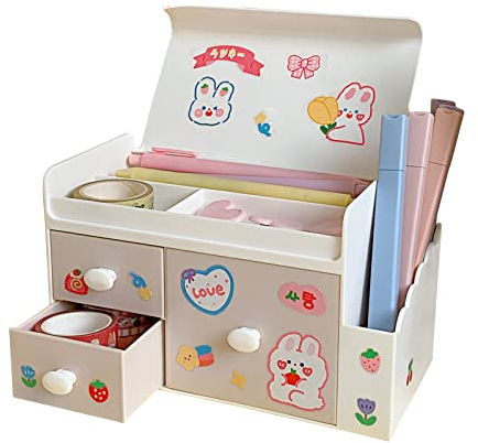 LIUCONGBD Lindo organizador de escritorio Almacenamiento de papelería con cajones y pegatinas, organizador de cuidado de la piel a prueba de polvo caja de almacenamiento para la escuela de oficina