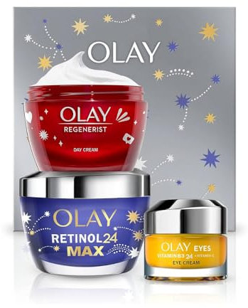 Olay Moisturiser Gift Box, Womens Skin Care Gift Sets and Kits, Vitamin C plus AHA 24 Eye Cream, Retinol 24 MAX Night Cream and Regenerist Face Cream for Smooth and Glowing Skin, 550g (Pack of 1)