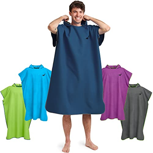 Fit-Flip Surf Poncho Mikrofaser - Umkleidehilfe Strand - Badeponcho für Erwachsene - Duschponcho schnelltrocknend - Strandponcho für Surfer - Surfponchos Ultraleicht (Größe M, Marineblau/Grau)