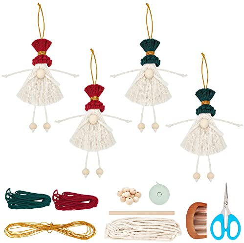 WEBEEDY 4 Sets DIY Macrame Craft Kit Macrame Christmas Tree Hanging Ornaments Handmade Plush Gnomes Santa Elf Christmas Craft Gifts Wall Hanging Holiday Decor