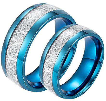 Homxi Verlobungsringe mit Gravur,Ringe aus Edelstahl 8MM Blau Ring mit Rund Verlobung Ringe Paar Damen 60 (19.1) + Herren 65 (20.7)